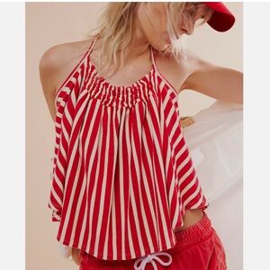 Free People Coastal Town Halter Top in Red & White Sz M